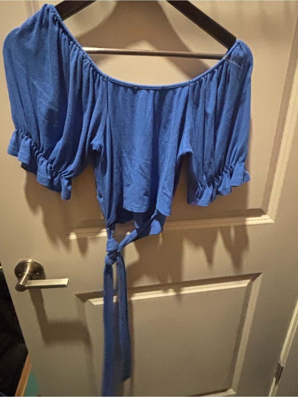 Dry Goods Blue Off-Shoulder Tie-Front Crop Top